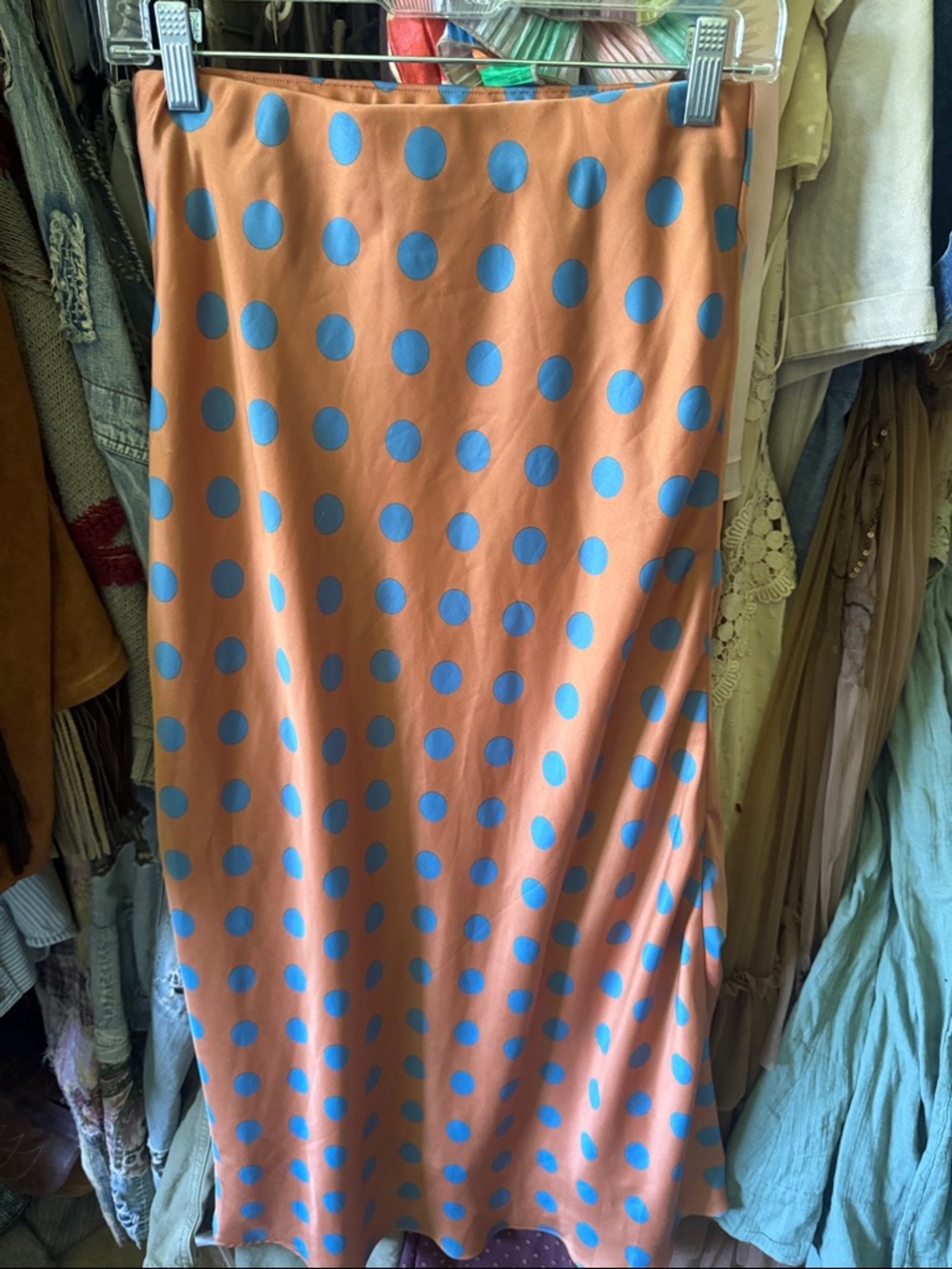 Current Air Peach Maxi Skirt with Blue Polka Dots